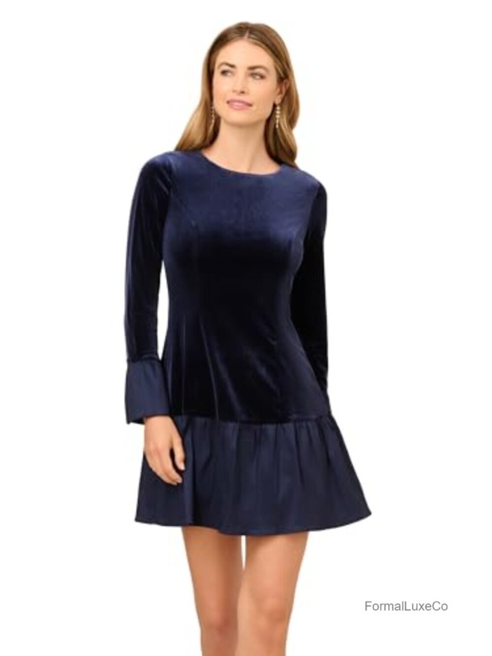 Knit Velvet Taffeta Midi A-Line Dress Boat Neck Long Sleeve